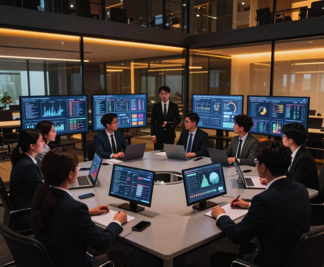 Students working through a live business simulation